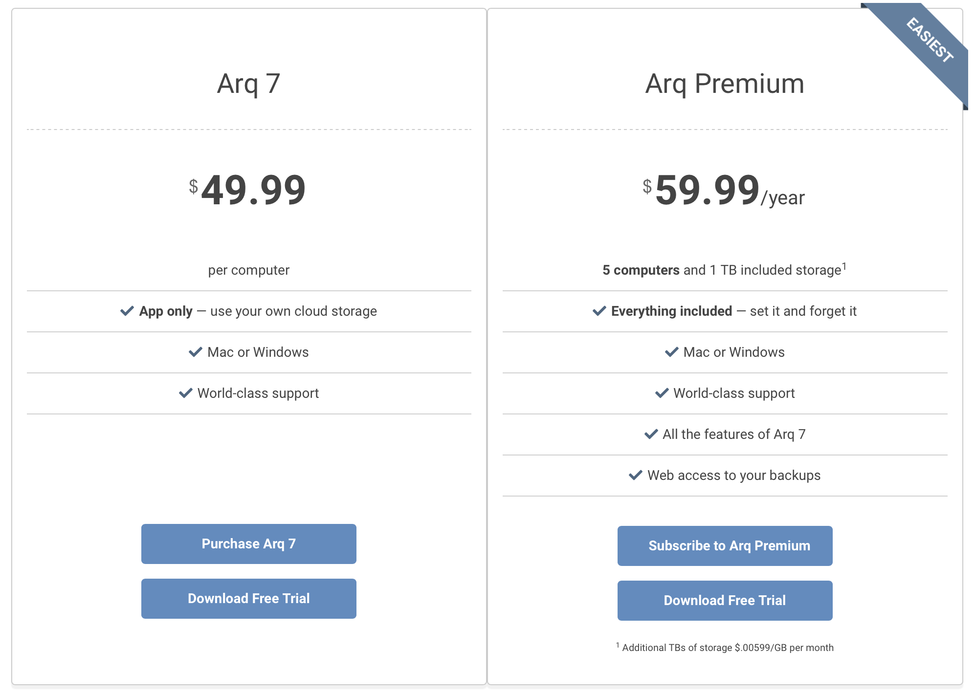 A screenshot of the Arq pricing page